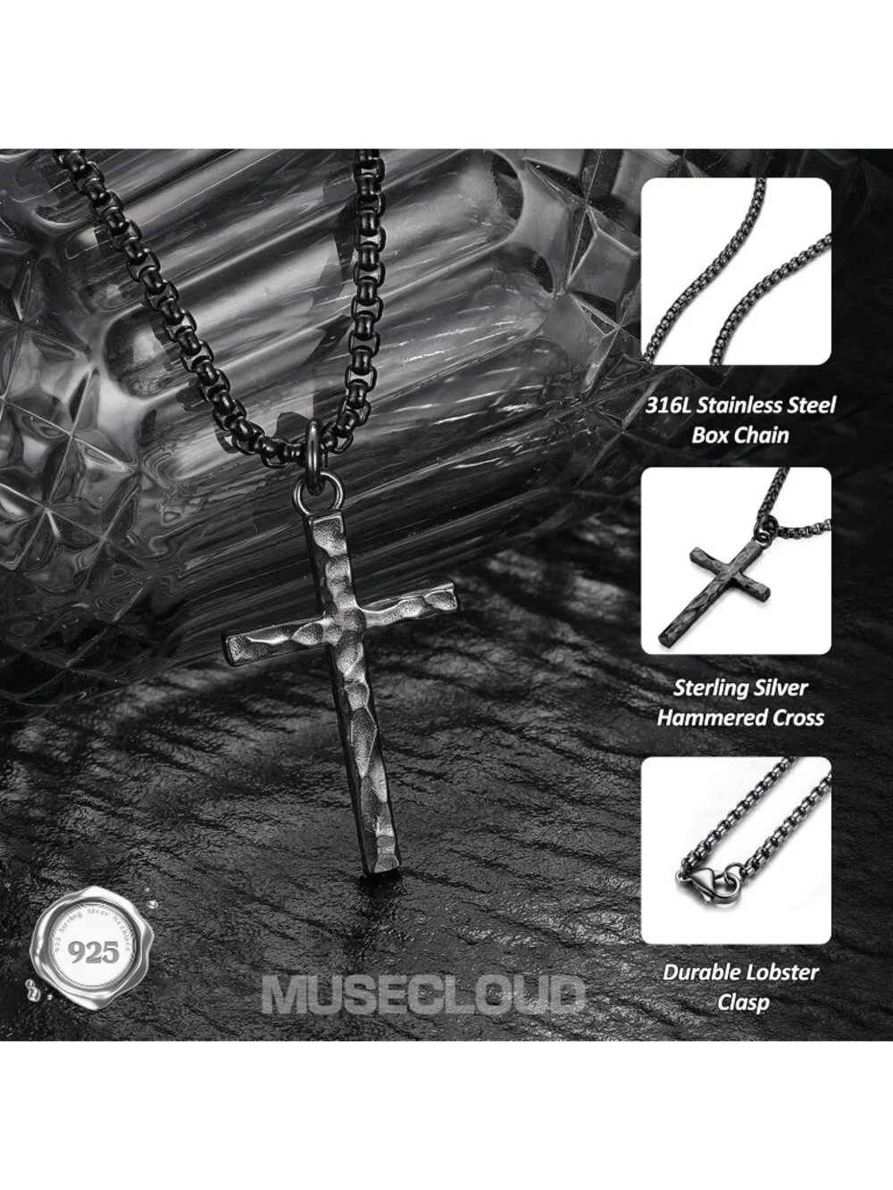 Men's Black 925 Sterling Cross Necklace Oxidized Hammered Pendant Jewelry